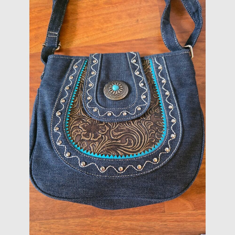 Canyon Sky Denim Crossbody Bag Western Turquoise Embossed Shoulder Purse
